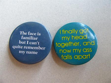 Two Funny Aging Pin Back Buttons Brain Fog Gag Birthday Gift High School Reunion Buttons