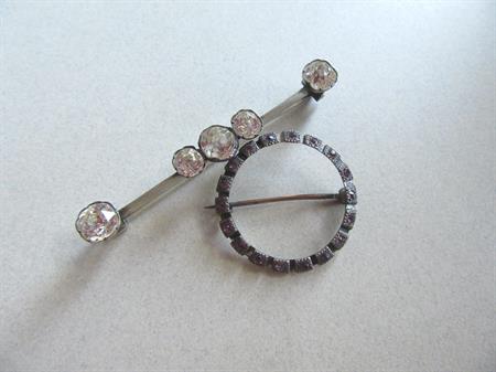 Victorian Sterling Silver Rhinestone Bar Pin and Circular Amethyst Rhinestone