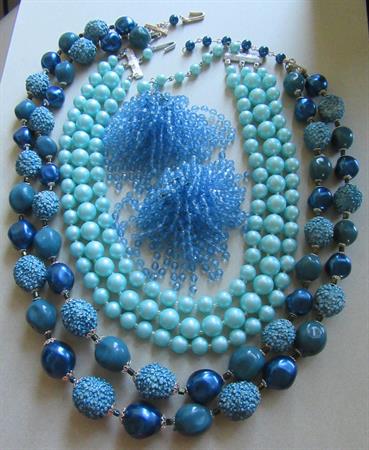 Vintage Blue Jewelry Lot Germany 1960's Shoe Clips and Two Necklaces
