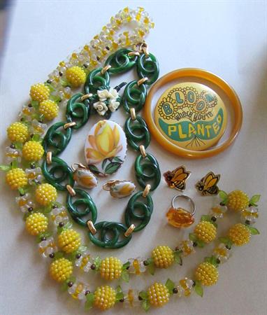 Vintage Jewelry Lot Yellow and Green Transfer Pin Clip Earrings Lucite Bangle And More