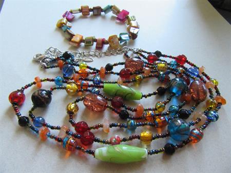 EsMor Glass Multi Strand Necklace and Bonus Shell Bracelet