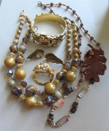 Vintage Jewelry Lot Multi Strand Necklace Clamper Bracelet Earrings Pins Shell Beads Fall Colors