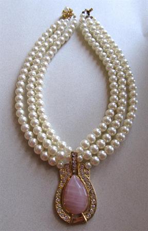 1980's Faux Pearls And Pink Glass Rhinestone Necklace