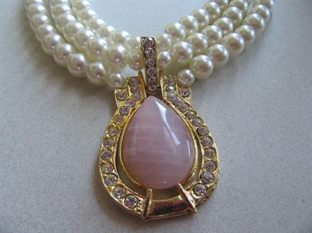 1980's Faux Pearls Pink Glass Rhinestone Necklace