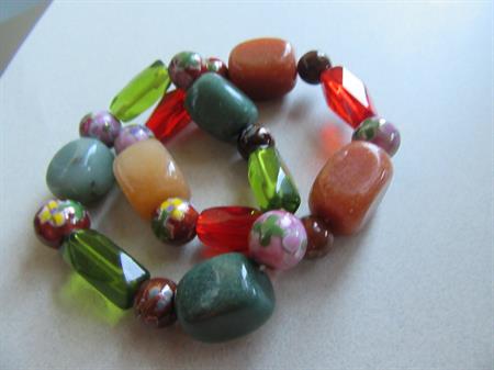 Two Glass Cloisonné  and Stone Beads Stretch Bracelets Wear Or Take Apart Destash