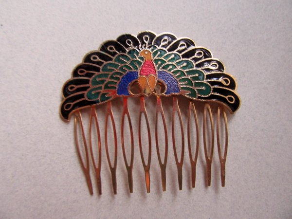 Vintage Cloisonné Peacock Hair Comb 