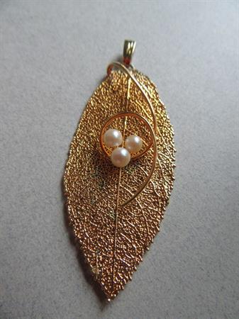 Vintage Cultured Pearl Real Leaf Pendant Original Box 