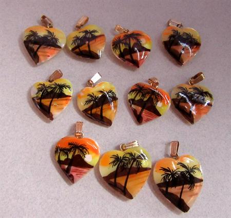 Vintage 1970's Hand Painted Mother of Pearl Heart Pendants Lot Palm Trees Sunset Tropical 