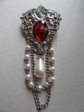 1980's Red Rhinestone and Faux Pearl Coat or Lapen Pin Vintage Jewelry