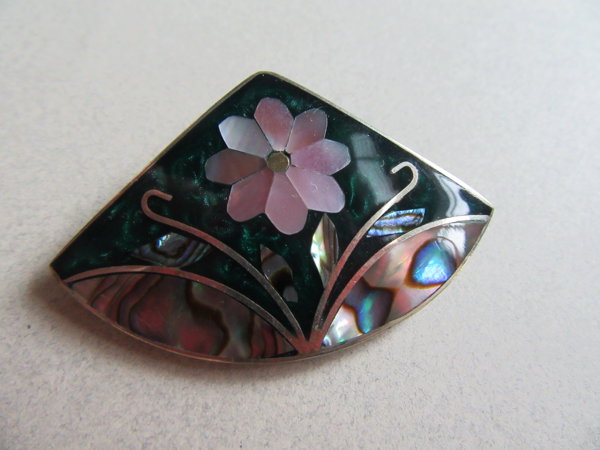 Vintage Alpaca Mother of Pearl Abalone Inlay Pin Pendant
