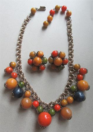 1950's Bakelite and Lucite Fruit Salad Necklace And Earrings Vintage Jewelry Fall Colors