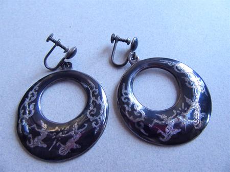 Vintage Siam Niello Sterling Silver Large Hoop Screw Back Earrings 19.5 Grams Fine Jewelry