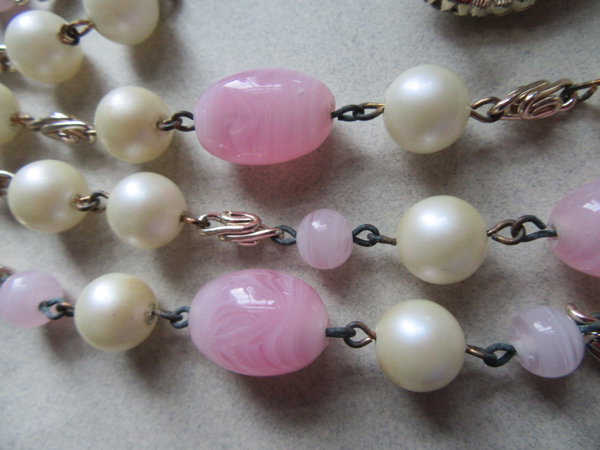 1950's  Pink Glass Faux Pearls Set Vintage Jewelry