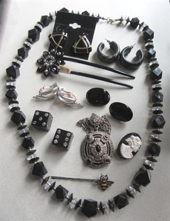 Vintage and Up Black Jewelry Lot Necklaces Earrings Hair Accessories