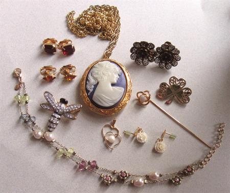 Vintage and Up Jewelry Lot Pins Earrings Cameo Pendant Bee Premier Design Bracelet