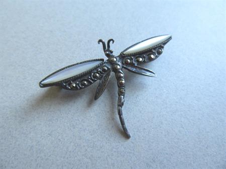 Sterling Silver Marcasite  Dragongfly Pin Mother of Pearl Inlay Figural