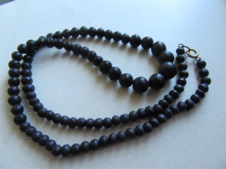 Vintage Black Beads Necklace With 10K Clasp Gutta Percha? Vulcanite? Bog Wood?