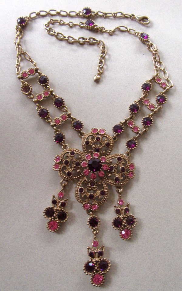 Pink And Purple Rhinestone Flower Necklace 