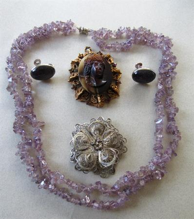 Vintage Jewelry Lot Spun Sterling Pin Glass LJM Cameo Pendant Amethyst Chip Necklace