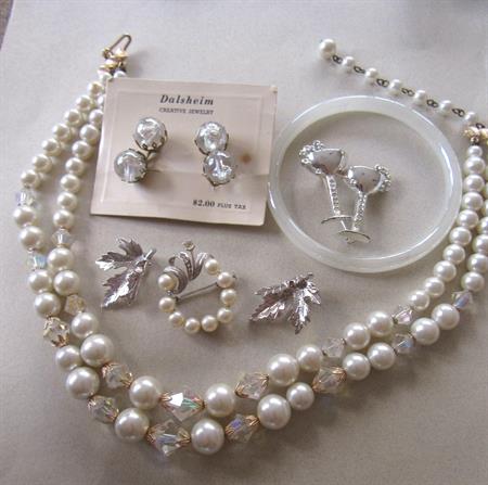 Vintage Jewelry Lot Faux Pearls and Crystal Necklace Pins Glass Bangle Earrings Some Signed