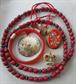 Vintage Red Jewelry Lot Mother of Pearl Fish Necklace Lucite Bangle Rhinestone Crown
