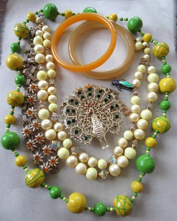 Vintage Jewelry Lot Yellow and Green Rhinestone Peacock Necklace Bangle Bracelets