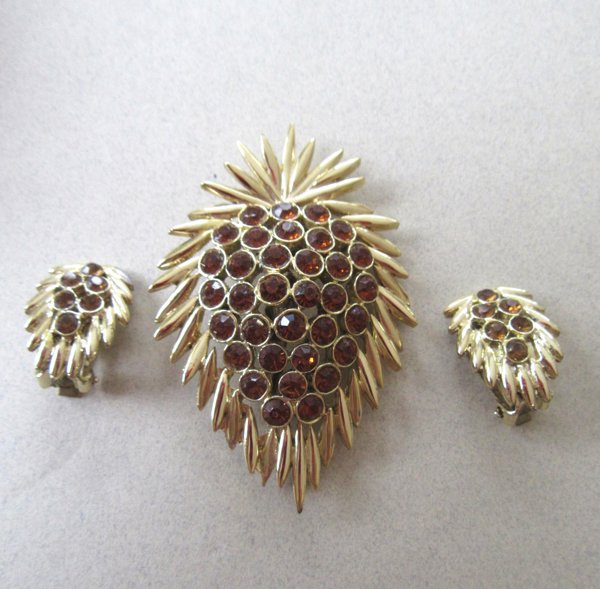 Vintage Brown Rhinestone Pin Earrings Set