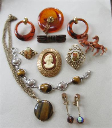 Vintage Jewelry Lot Tiger Eye Bracelet and Necklace  Pins and More