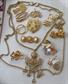 Vintage Gold Tone Jewelry Lot Pins Necklace Leaves Accorn Heart