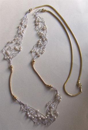 Crystal and Faux Pearl Station Gold Tone Mesh Necklace 