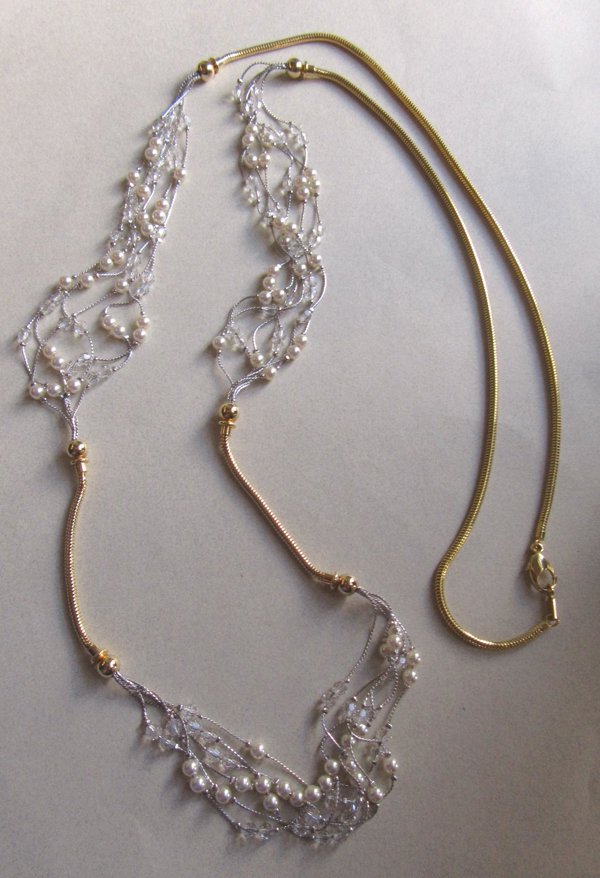 Crystal and Faux Pearl Station Mesh Necklace 