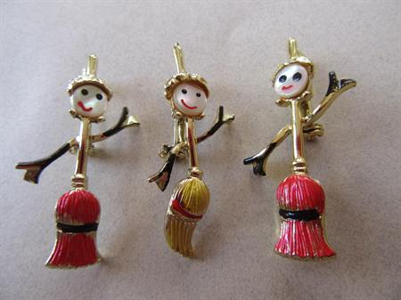 Vintage Anthropomorphic Dancing Broom Scatter Pins Set Mother Of Pearl Faces Figural