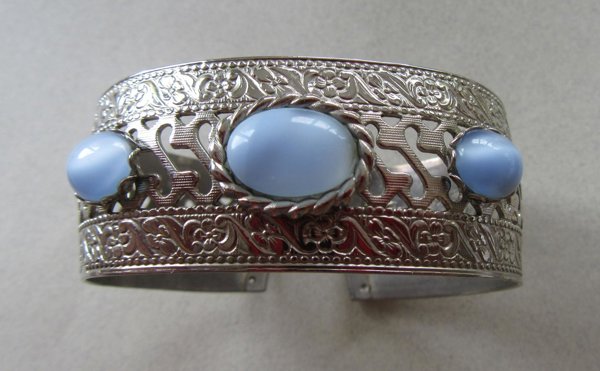 Vintage Blue Glass Moon Glow Cuff Bracelet 