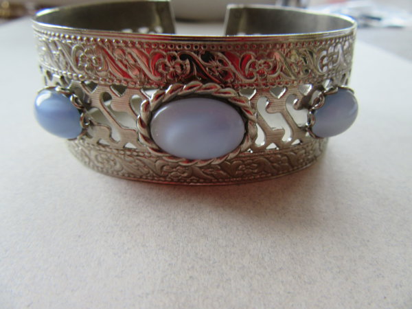 Vintage Blue Glass Moon Glow Cuff Bracelet 