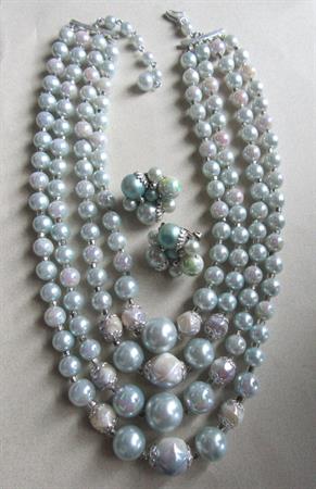 1950's Blue Necklace Earrings Japan Vintage Jewelry