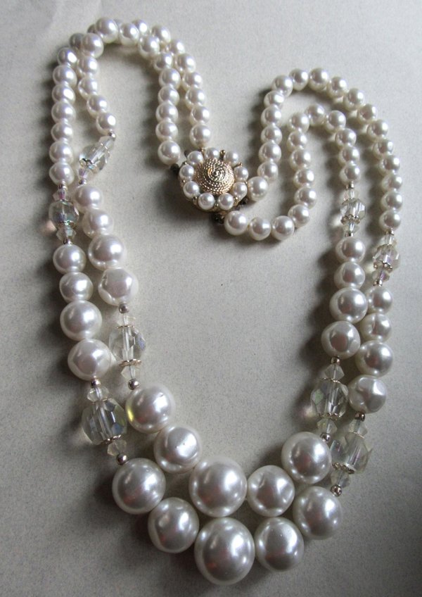Vintage Faux Pearl Crystal Necklace 1950's Jewelry