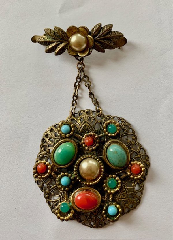 Vintage 1930's Glass Hanging Medallion Pin Brooch