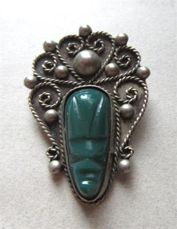 Carved Genuine Onyx Mask Sterling Pin Brooch Fine Jewelry
