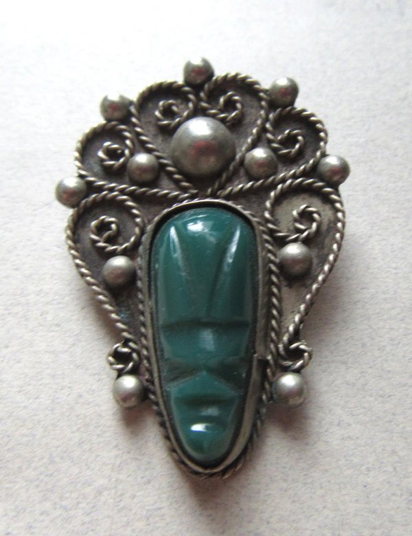 Carved Genuine Onyx Mask Sterling Pin Brooch Fine Jewelry
