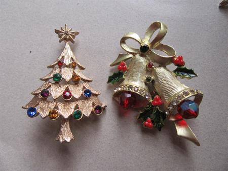 Two Vintage Christmas Pins Bells and Tree