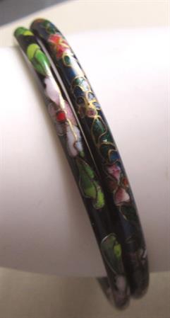 Two Slim Cloisonné Bangle Bracelets Vintage Jewelry