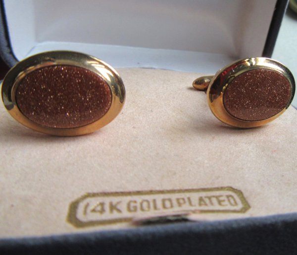 Vintage 14k Gold Plate Goldstone Cufflinks Never Worn Men's Jewelry