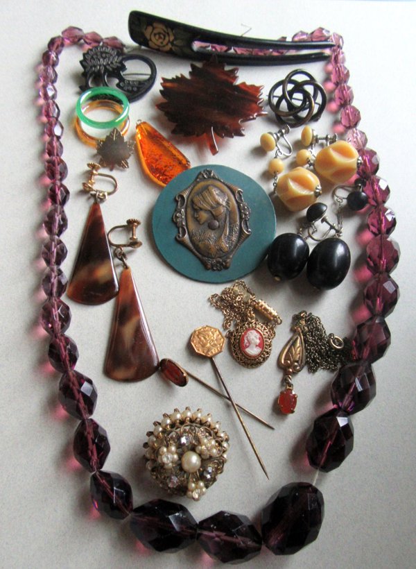 Vintage Jewelry Lot Pins Rings Celluloid Glass Beads