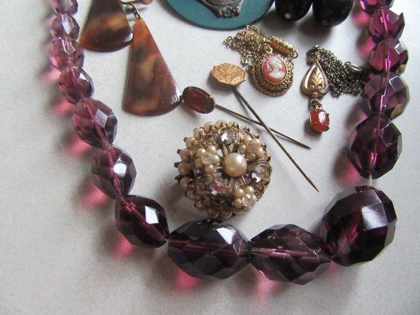 Vintage Jewelry Lot Pins Rings Celluloid Glass Beads