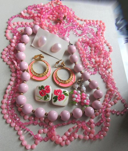 Vintage Mod Pink Jewelry Lot Earrings Necklaces