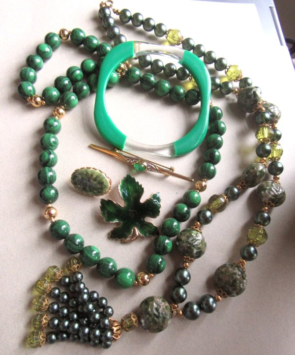 Vintage Green Jewelry Lot Pins Necklaces and More