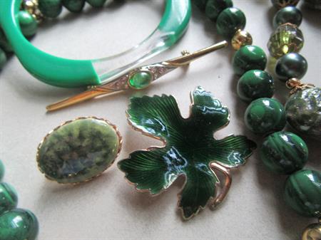 Vintage Green Jewelry Lot Pins Necklaces and More