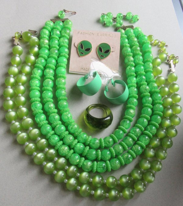 Vintage Green Jewelry Lot Necklaces Alien Earrings and More