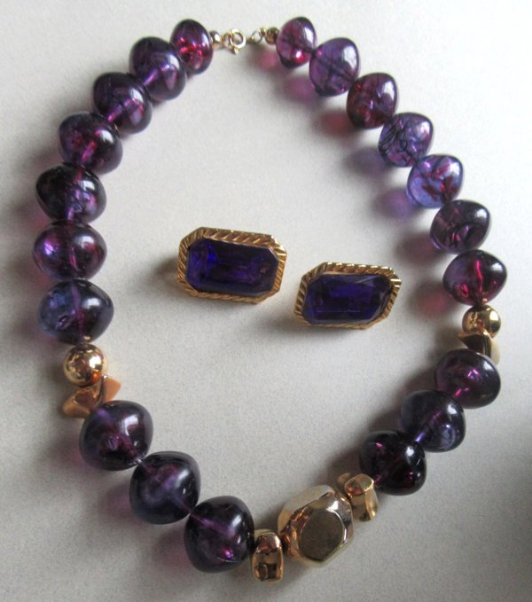 1980's Chunky Purple Gold Necklace Free Earrings Mr's Roper