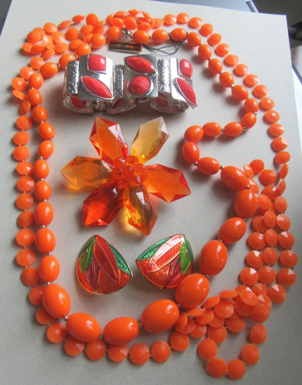 Mod Vintage And Up Orange Jewelry Lot Necklaces Berebi Earrings 